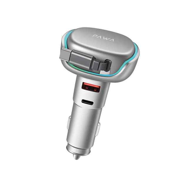 PAWA 50W Fast Car Charger with Built-In Retractable Type-C Cable | Dual Outputs, Ambient Light Ring & Over-Current Protection (Titanium Grey)