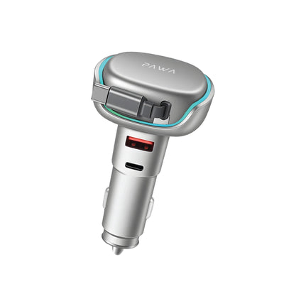 PAWA 50W Fast Car Charger with Built-In Retractable Type-C Cable | Dual Outputs, Ambient Light Ring & Over-Current Protection (Titanium Grey)