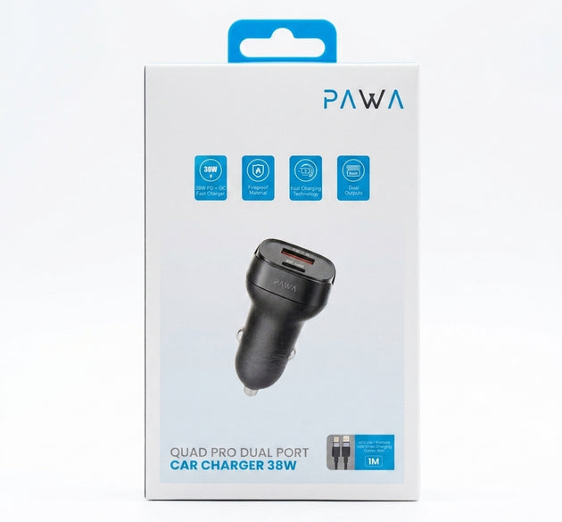 PAWA Quad Pro 38W Dual Port Car Charger (USB-C PD 20W + USB-A QC 18W) with Ambient Ring Light & 30W Braided USB-C to Lightning Cable (Black)