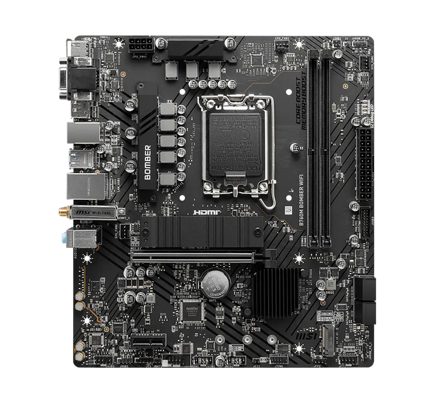 MSI B760M BOMBER WIFI DDR5 Motherboard | Intel LGA 1700, Micro-ATX, Dual DDR5, PCIe 4.0 x16, Lightning Gen4 M.2, Wi-Fi 6, 2.5G LAN, HDMI/DP | Compatible with Intel Core 14th, 13th & 12th Gen CPUs